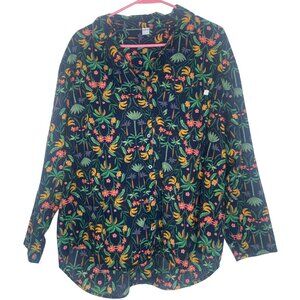 Old Navy Long-Sleeve Button Up Shirt Size L Blue‎ Tropical Banana & Floral Print